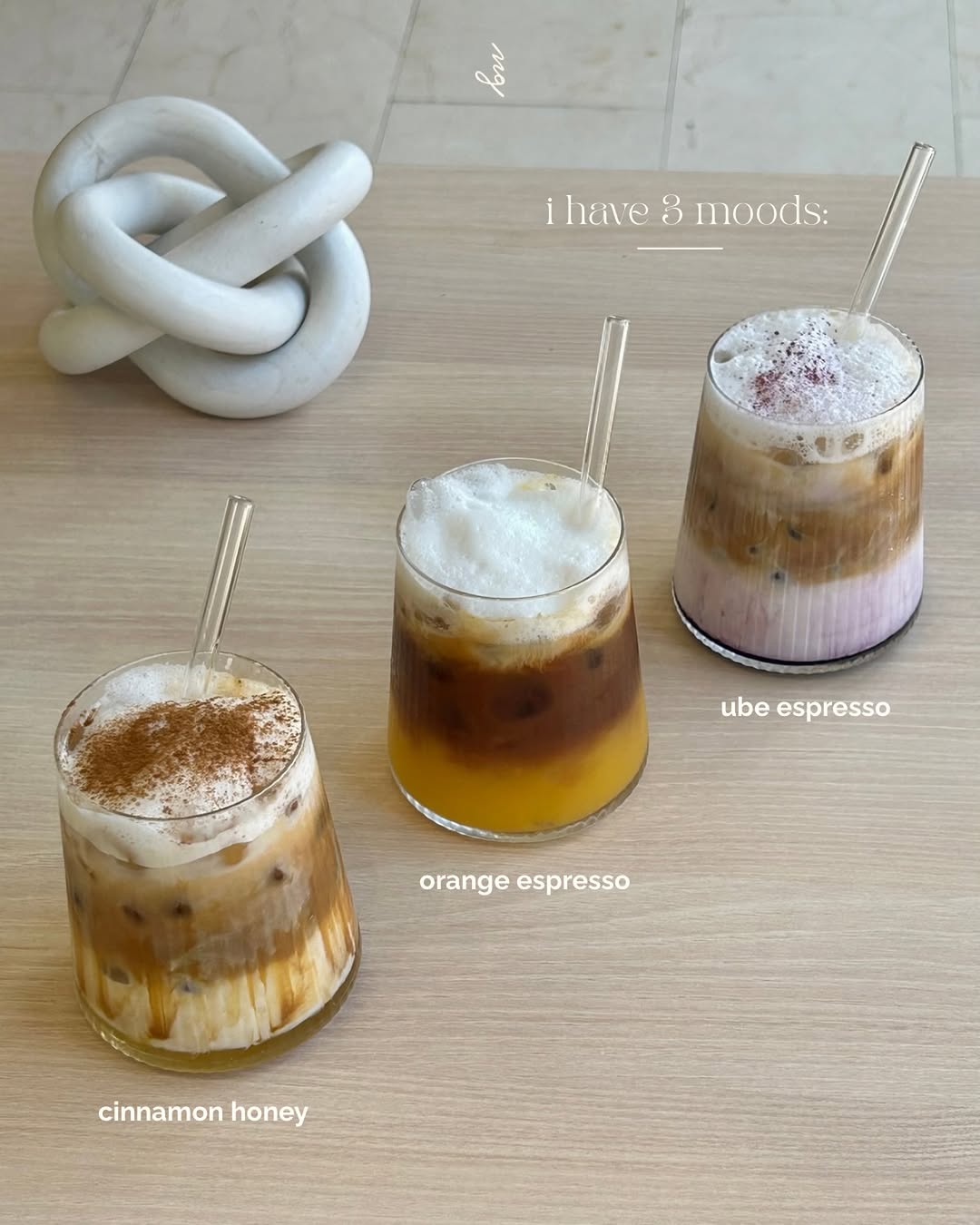 Summer trio — cinnamon honey, orange espresso, ube espresso